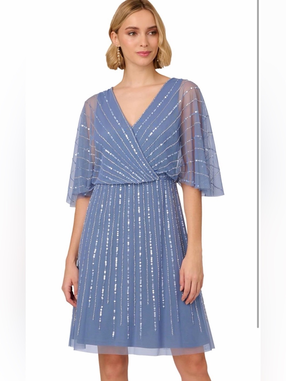 Adrianna Papell Dusty Blue Sequin-Striped V-Neck Midi Dress